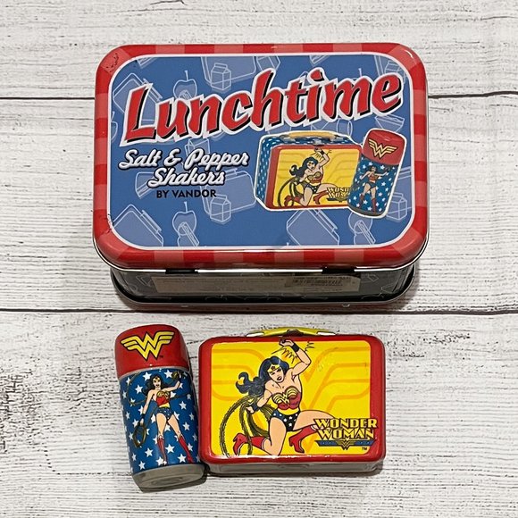 DC Comics Other - WONDER WOMAN  1990s Ceramic Lunchbox & Thermos SALT & PEPPER SHAKERS w/ Tin NWOT